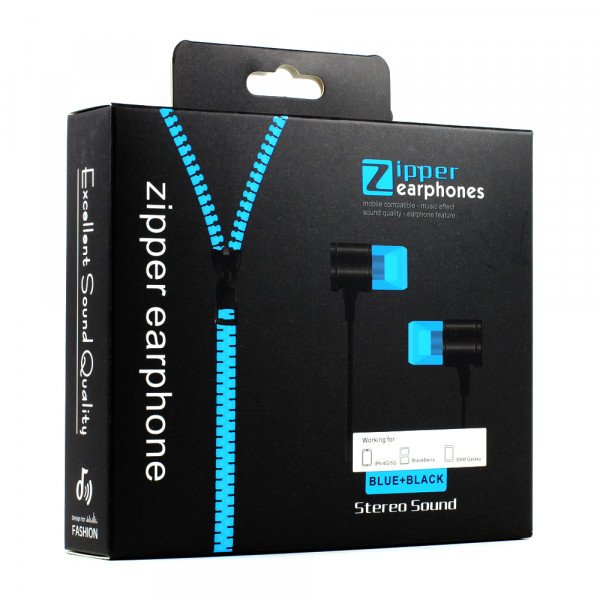 Wholesale Zipper Earphone Stereo Sound with Mic (Blue)